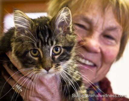 Smiling woman holds cat up to camera